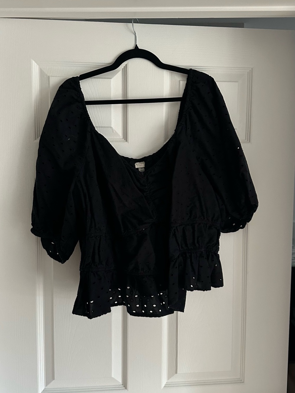 a new day Black Eyelet Puff-Sleeve Peplum Blouse